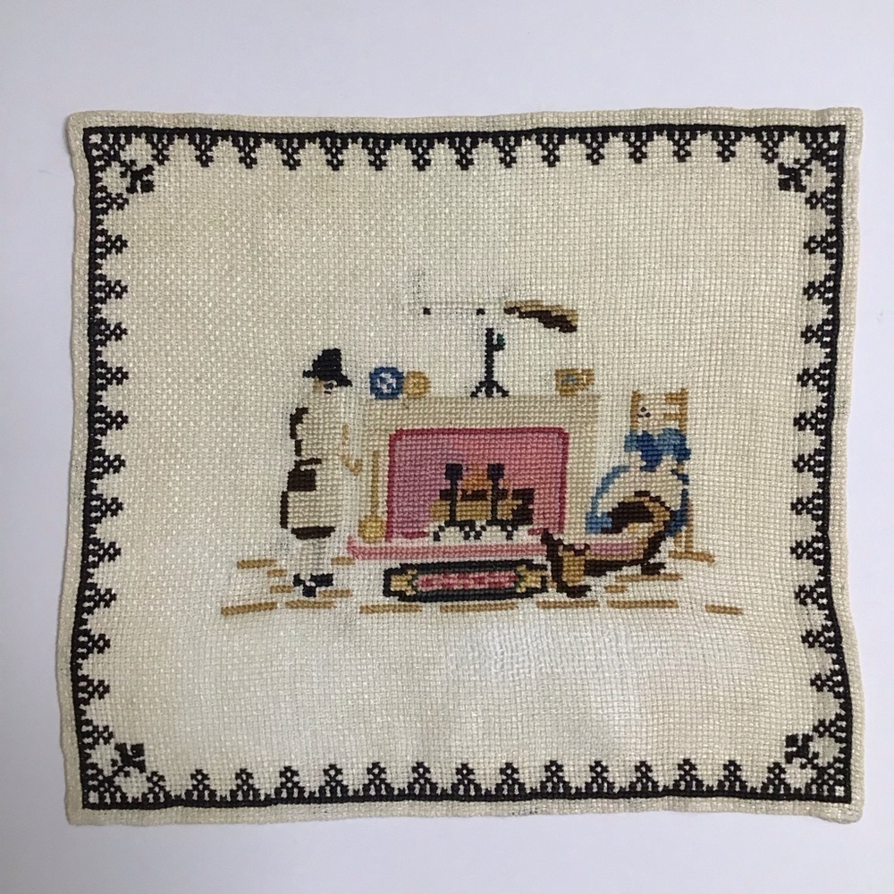 Americana Cross Stitch Sampler Colonial Pilgrim Doily Art Complete 11x12 Vintage - Picture 15 of 16